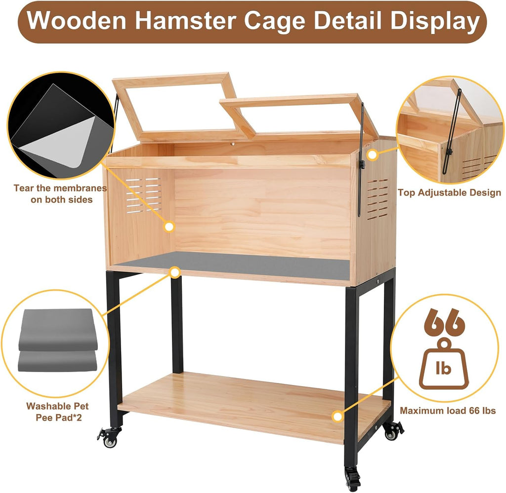 Wooden Hamster Cage with Storage Shelf, Large Hamster Cage, Pine, Guinea Pig Cages, 40.0" L x 20.0" W x 42.0" H Small Animal Cages with Stand & Wheels for Guinea Pig, Chinchilla, Rat, Bunny, etc.