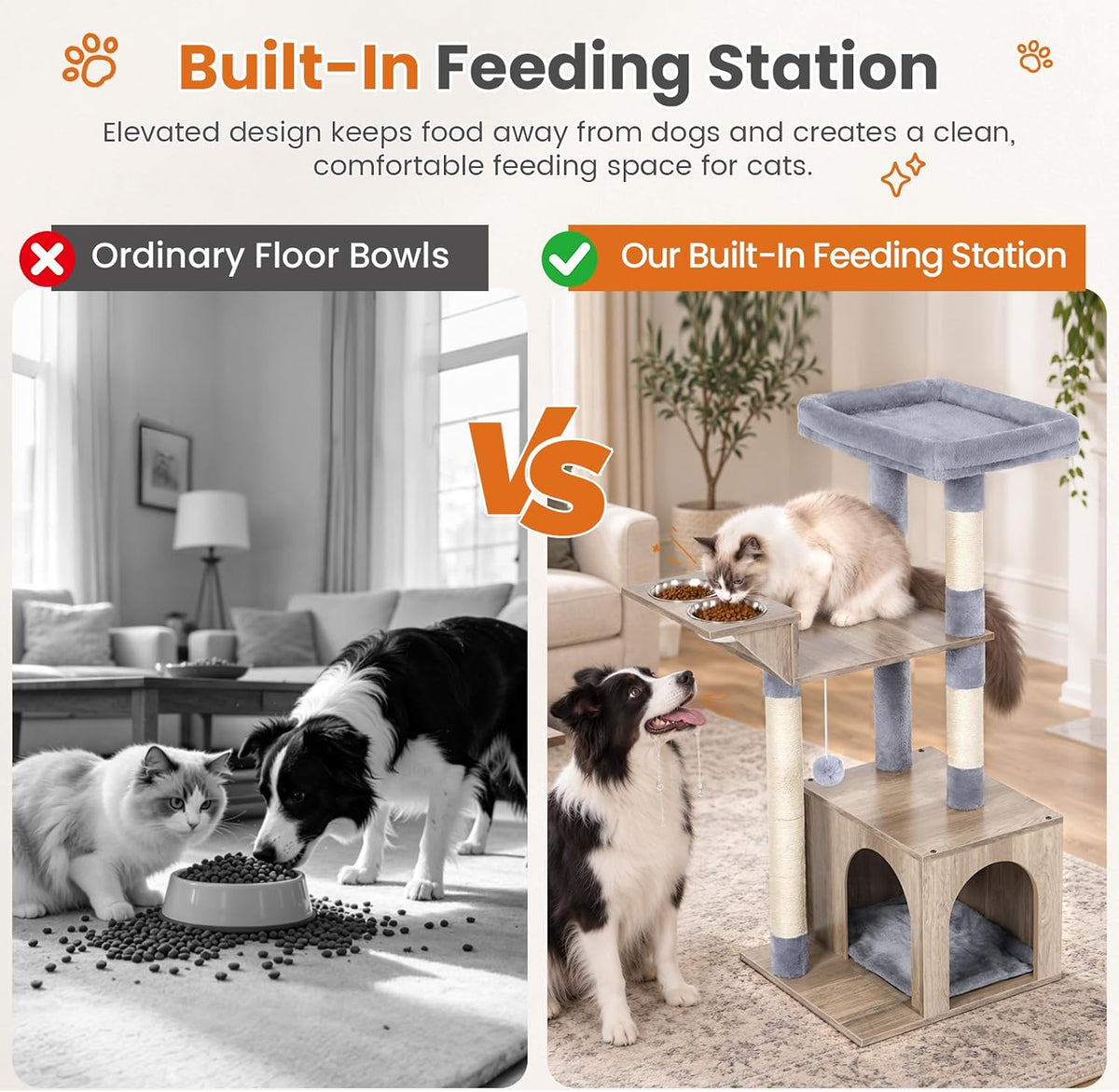 Snughome Small Cat Tree Tower for Indoor Cats, 37.4’’ Cat Tree with Feeding Station & Sisal Scratching Post for Kittens, 3-in-1 Activity Cat Tower with Cat Condo, Hanging Ball for Play Rest, Grey
