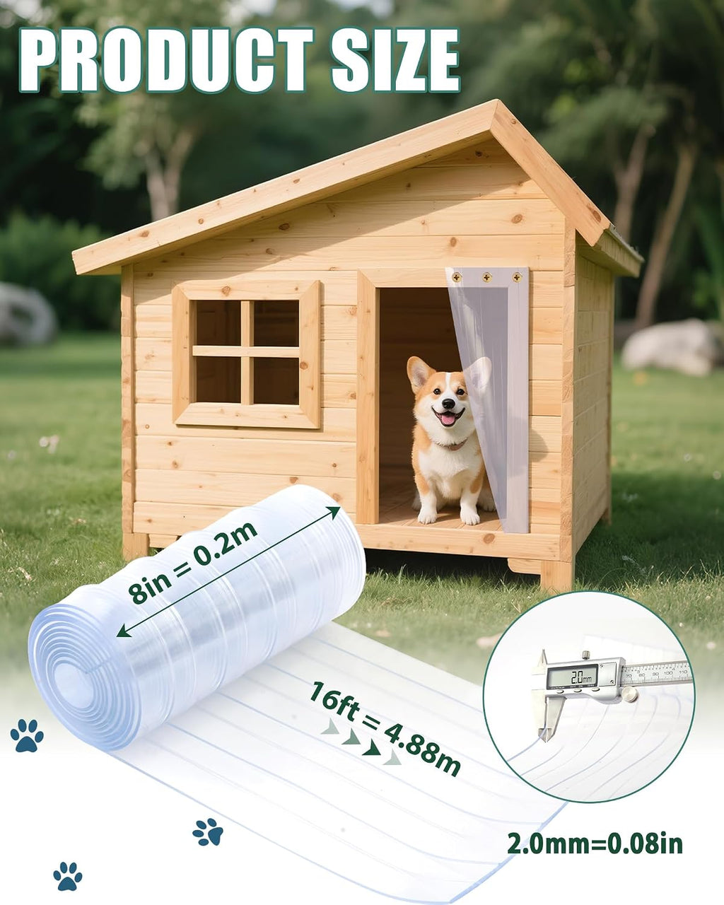Dog Door Replacement Flaps,8inx16ft 0.08" Thick Insulated Clear PVC Vinyl Strip, DIY Cut-to-Fit for Dog House/Cat Kennel with Screws,Easy Install,Weatherproof Wind-/Waterproof Pet Accessory