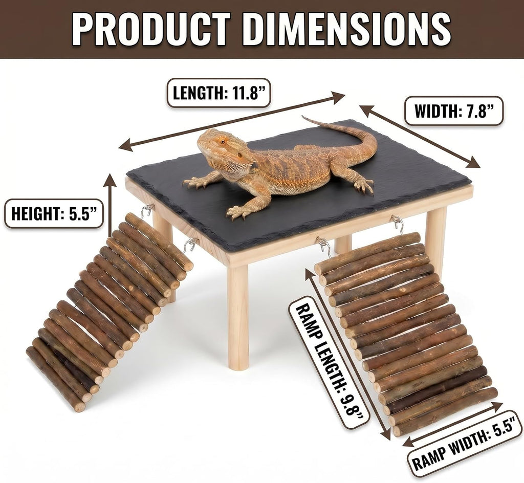 Bearded Dragon Basking Platform, Natural Slate Reptile Basking Rock with Wooden Climbing Ramp, Terrarium Habitat Decor for Lizard, Leopard Gecko, Tortoise, Snake