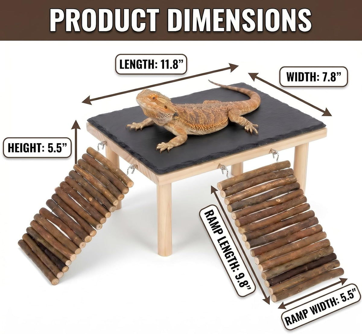 Bearded Dragon Basking Platform, Natural Slate Reptile Basking Rock with Wooden Climbing Ramp, Terrarium Habitat Decor for Lizard, Leopard Gecko, Tortoise, Snake