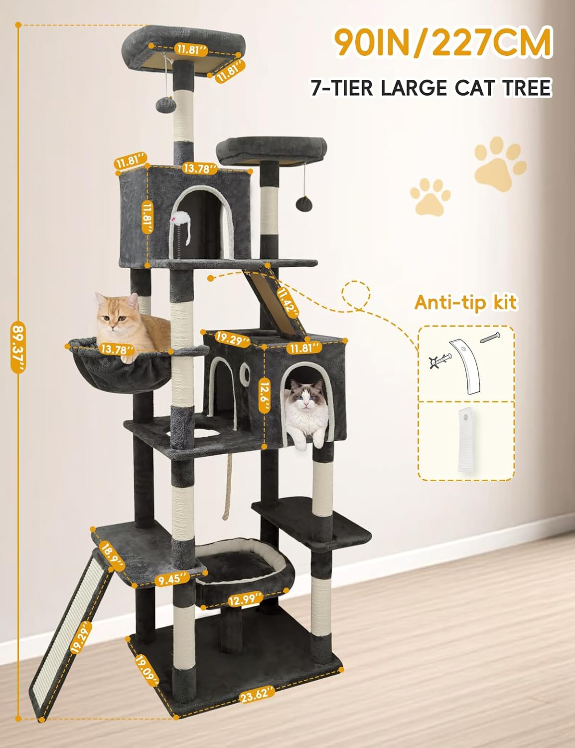 89 inch Cat Tree Tower - Extra Tall Multi-Level Cat Furniture with 2 Cozy Condos, Natural Sisal Scratching Posts, Plush Perches and Hammock for Large Indoor Cats (Black)