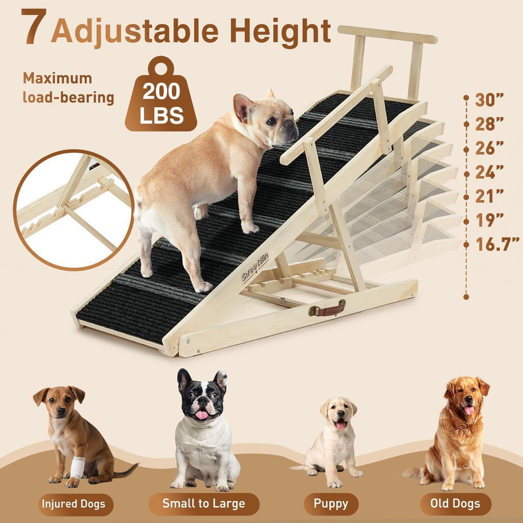 Dog Ramp for Bed - 53.3" Long Foldable Pet Ramp for Small Large Dogs - Dog Ramps for High Beds Couch Car/SUV - Pet Stairs High Traction with Platform 7 Adjustable Heights 17" to 30" Up to 200LBS, Wood