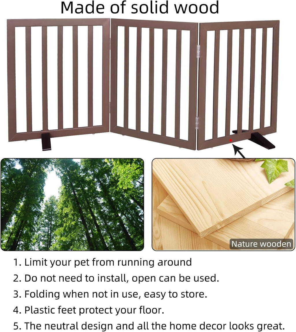ZJSF Freestanding Indoor Dog Gate for House Foldable Wood Puppy Gate for Doorways Pet Gate for Stairs Extra Wide Pet Fence, Brown, 24" Height 3 Panels