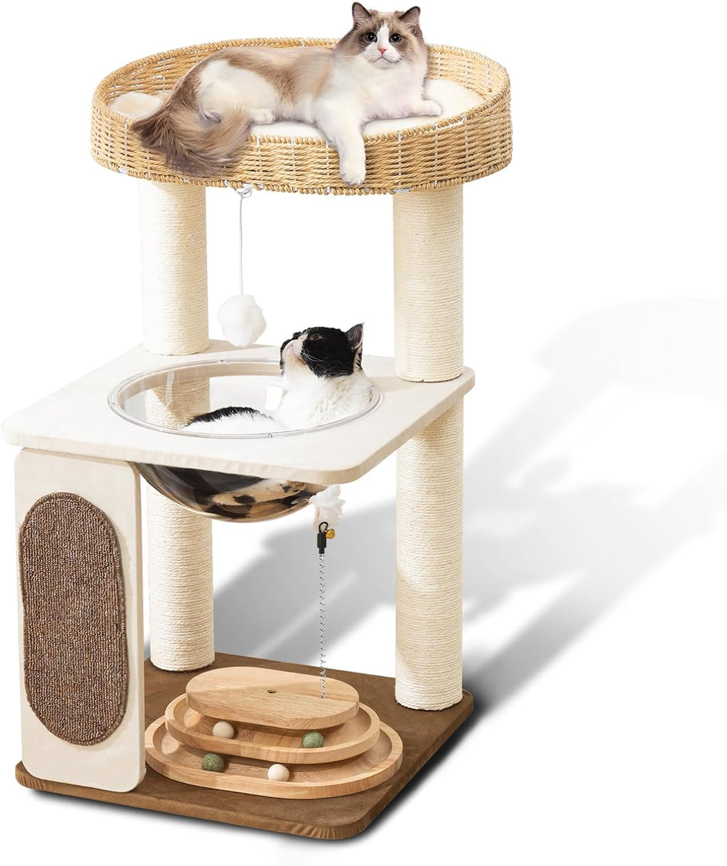 Modern Cat Tree for Indoor Cats, 30 in Cat Tower with Basket Bed