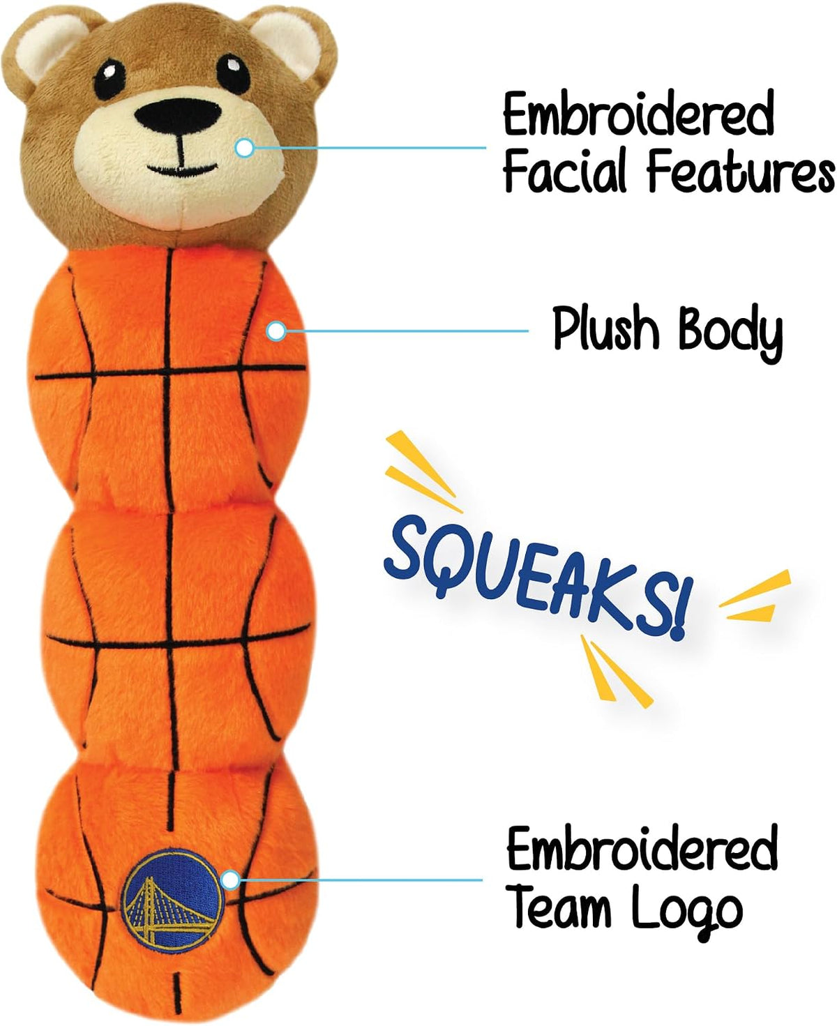 NBA Golden State Warriors Mascot Long PET Toy for Dogs & Cats with 4 Inner SQUEAKERS in Soft Plush