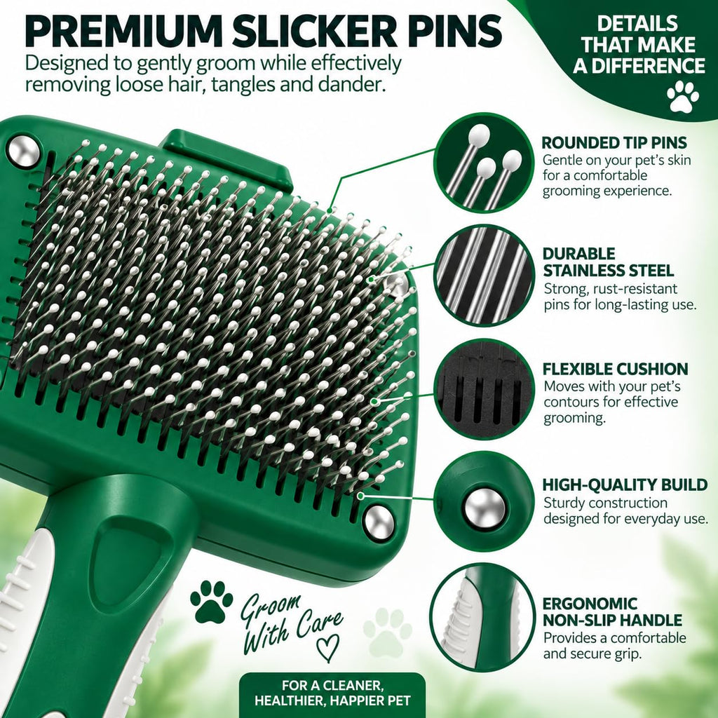 Oakwood by Libman Self Cleaning Slicker Brush for Dogs & Cats – Dog Brush for Shedding, Detangling & Grooming – Removes Loose Hair, Tangles & Dander – Click-to-Clean – Long, Short, Curly & Wiry Coats