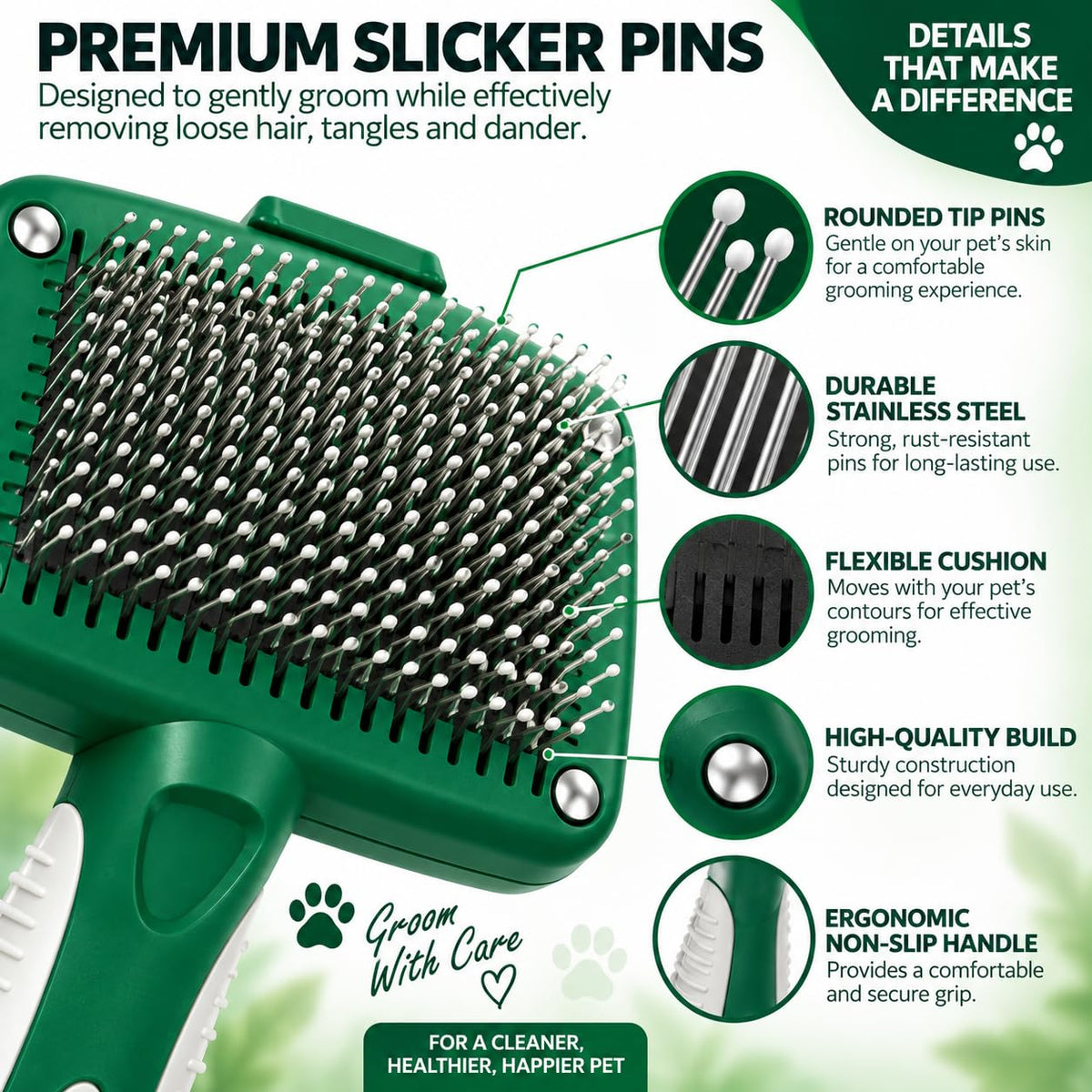 Oakwood by Libman Self Cleaning Slicker Brush for Dogs & Cats – Dog Brush for Shedding, Detangling & Grooming – Removes Loose Hair, Tangles & Dander – Click-to-Clean – Long, Short, Curly & Wiry Coats