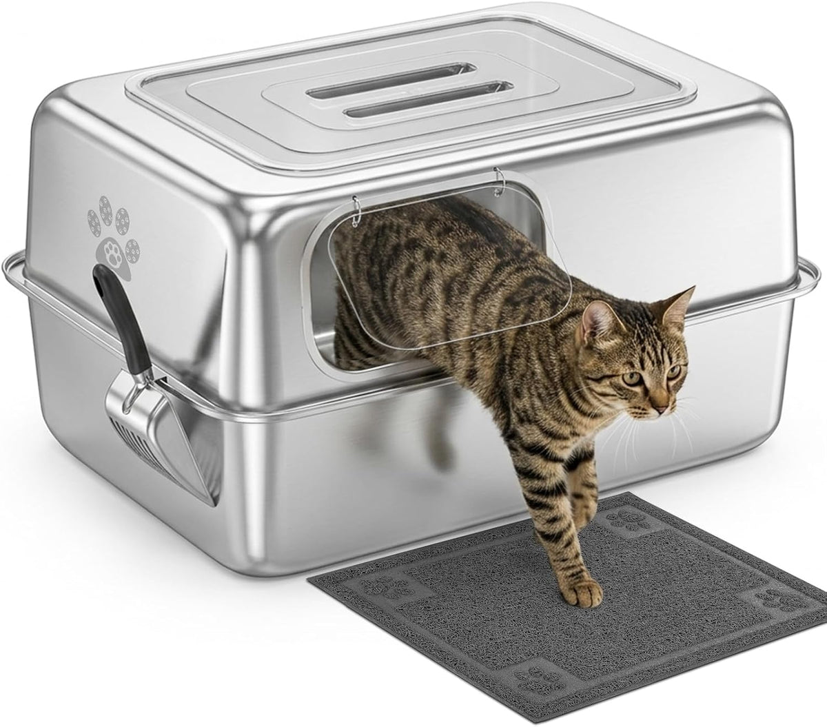 Ptlom Enclosed Stainless Steel Litter Box for Large Cats, Leak-Proof Metal Cat Toilet with Lid, Ventilated Top Opening Covered Cat Pan High Sided Walls, Scoop & Litter Mat, 20.8" x 13.0" x 13.1"