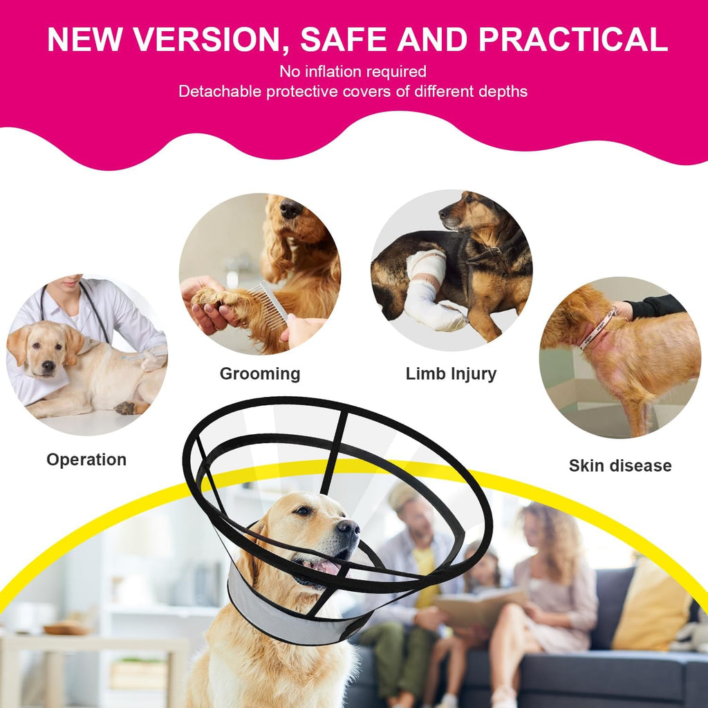 Sponge Core Dog Cat Cone Collar for After Surgery Recovery, Inflatable Dog Cone Alternative, Lainergie Dogs Donut Collar Adjustable with 2PCS Cover for Large Medium Small Dogs Cats (Grey+Pink, S)