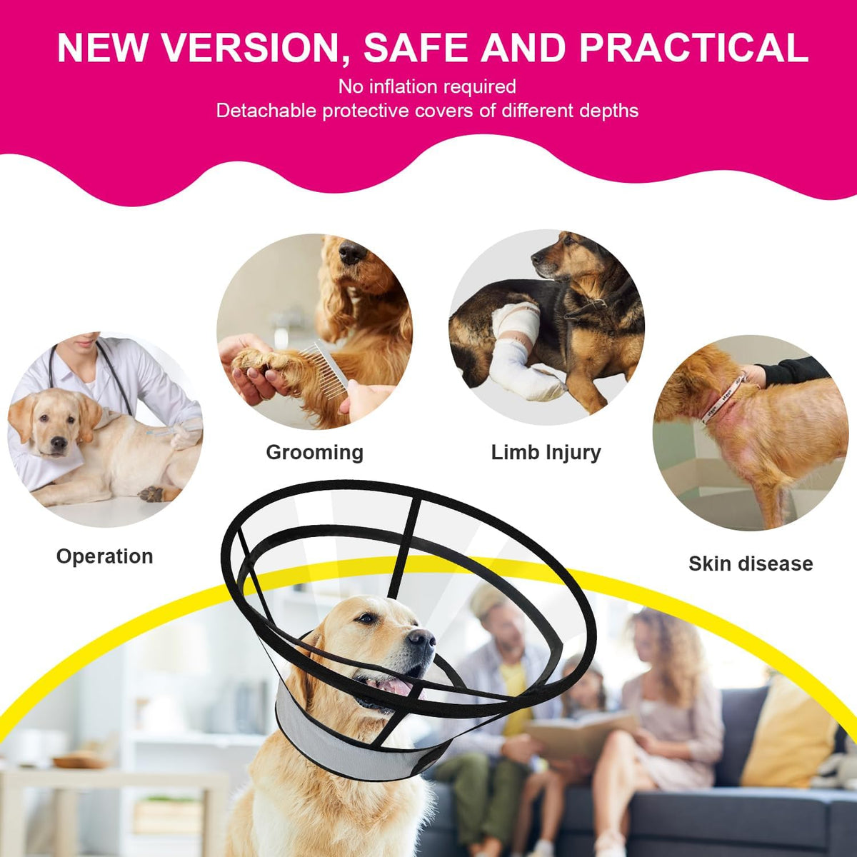 Sponge Core Dog Cat Cone Collar for After Surgery Recovery, Inflatable Dog Cone Alternative, Lainergie Dogs Donut Collar Adjustable with 2PCS Cover for Large Medium Small Dogs Cats (Grey+Pink, S)