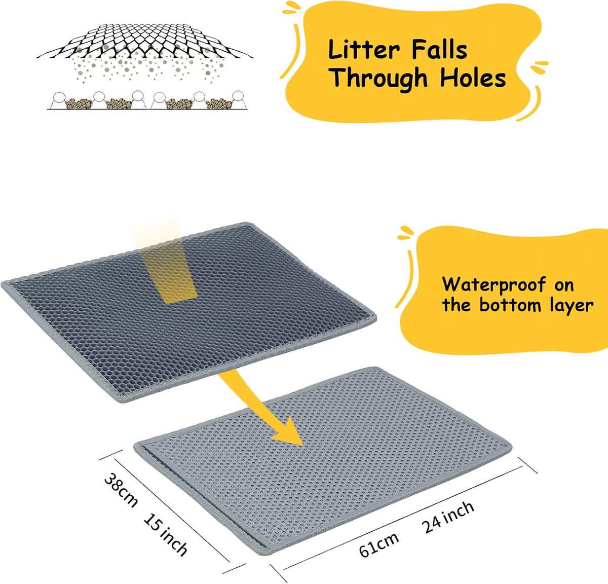 Cat Litter Mat, Litter Box Mat, Large Double Layer Waterproof Proof Trapping mat, Non-Slip Design, Kitty Litter Rug, Cat Supplies, Easy to Clean, 24x15 Inch, Grey, Pack of 1