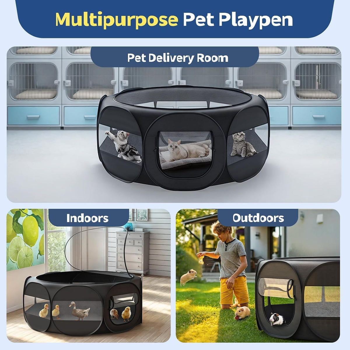 VavoPaw Small Animal Playpen, Chicken Brooder Box with Cover Top, Black