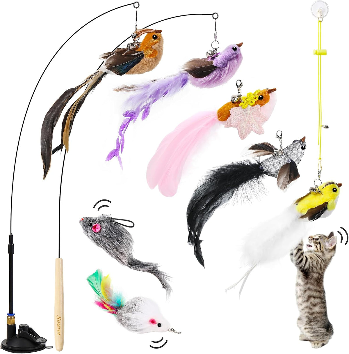 Soarer 4in1 Interactive Cat Wand Toys with Suction Cup for Indoor Cat,12Pcs