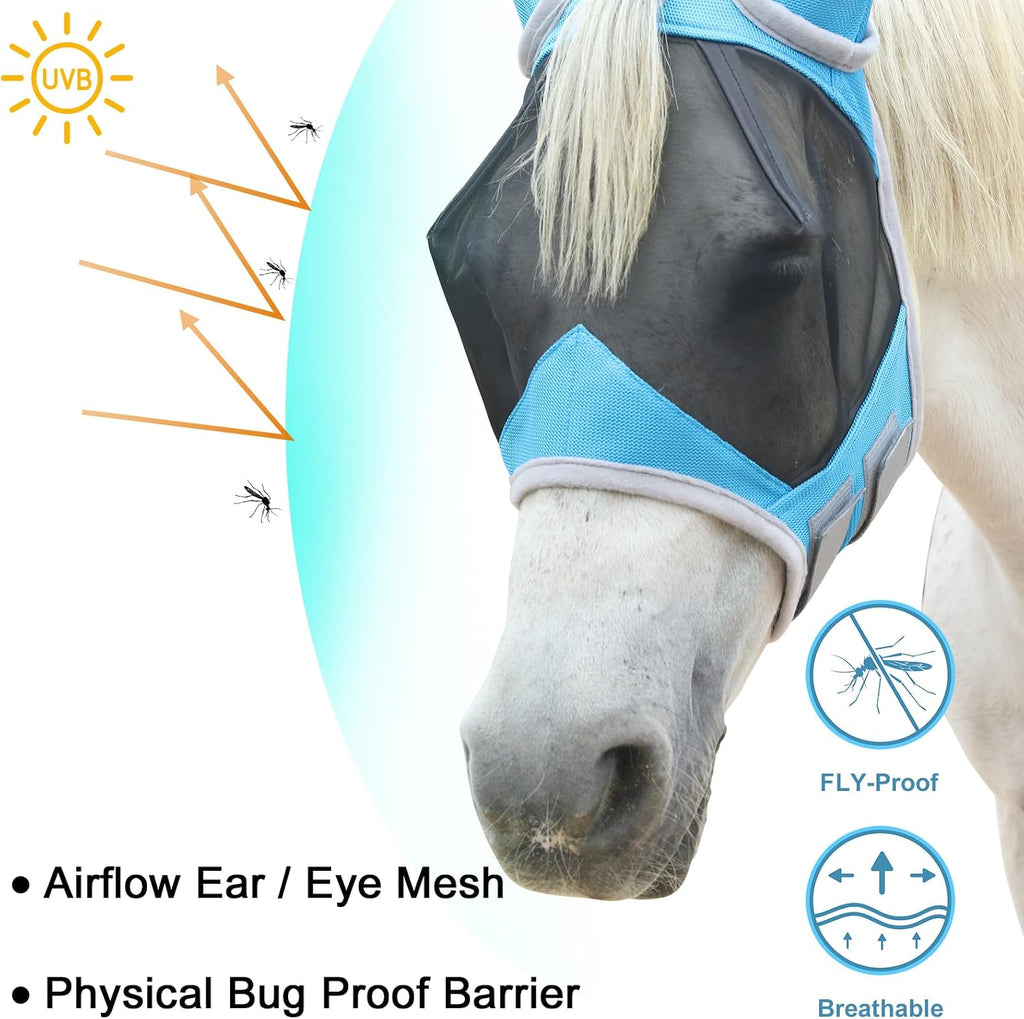 Horse Fly Mask with Ears, Breathable Fine Mesh Pale Blue Full