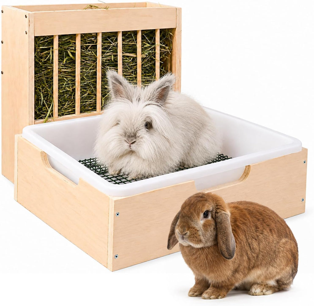 3 in 1 Extra Large Rabbit Hay Feeder with Litter Box, Wooden Bunny Toilet