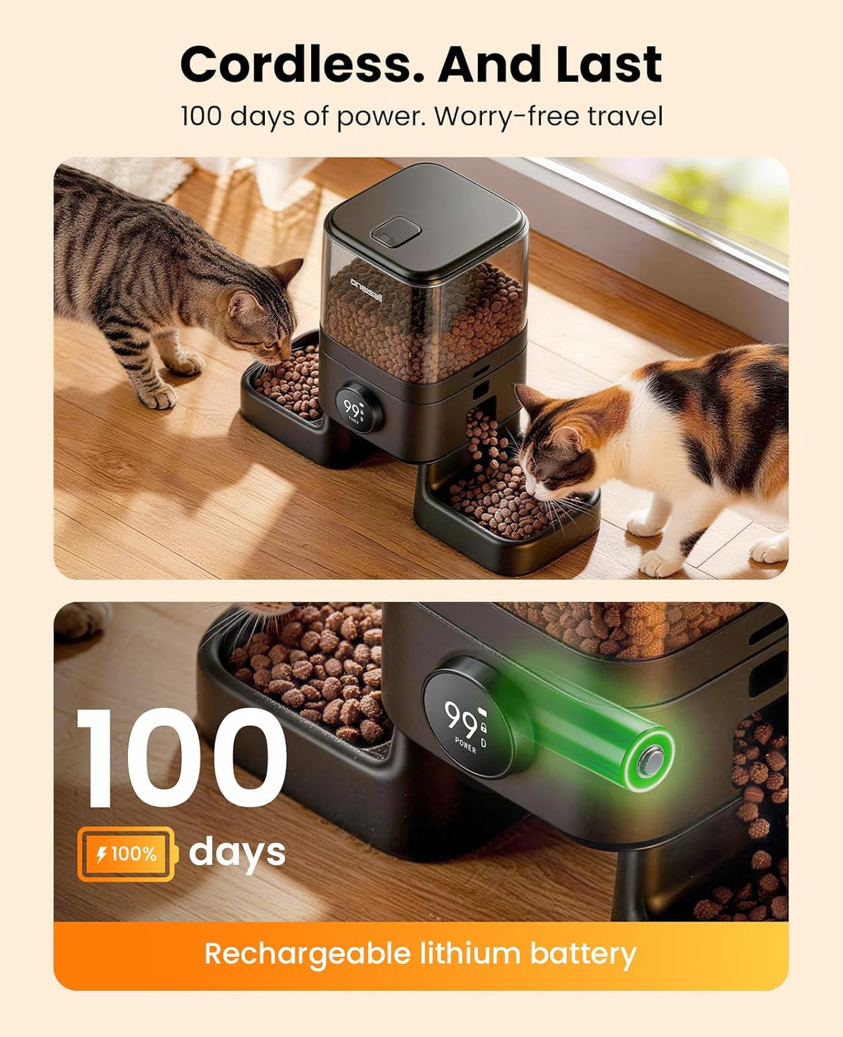 oneisall 2.4G Cordless Automatic Cat Feeder, Rechargeable, 20 Cups/5L