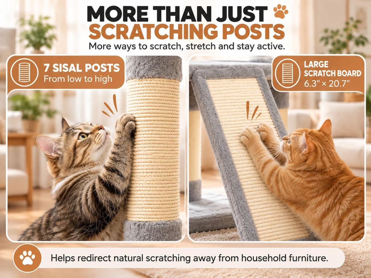 66" Multi-Level Cat Tree, 3 Perches, 2 Condos, Light Gray