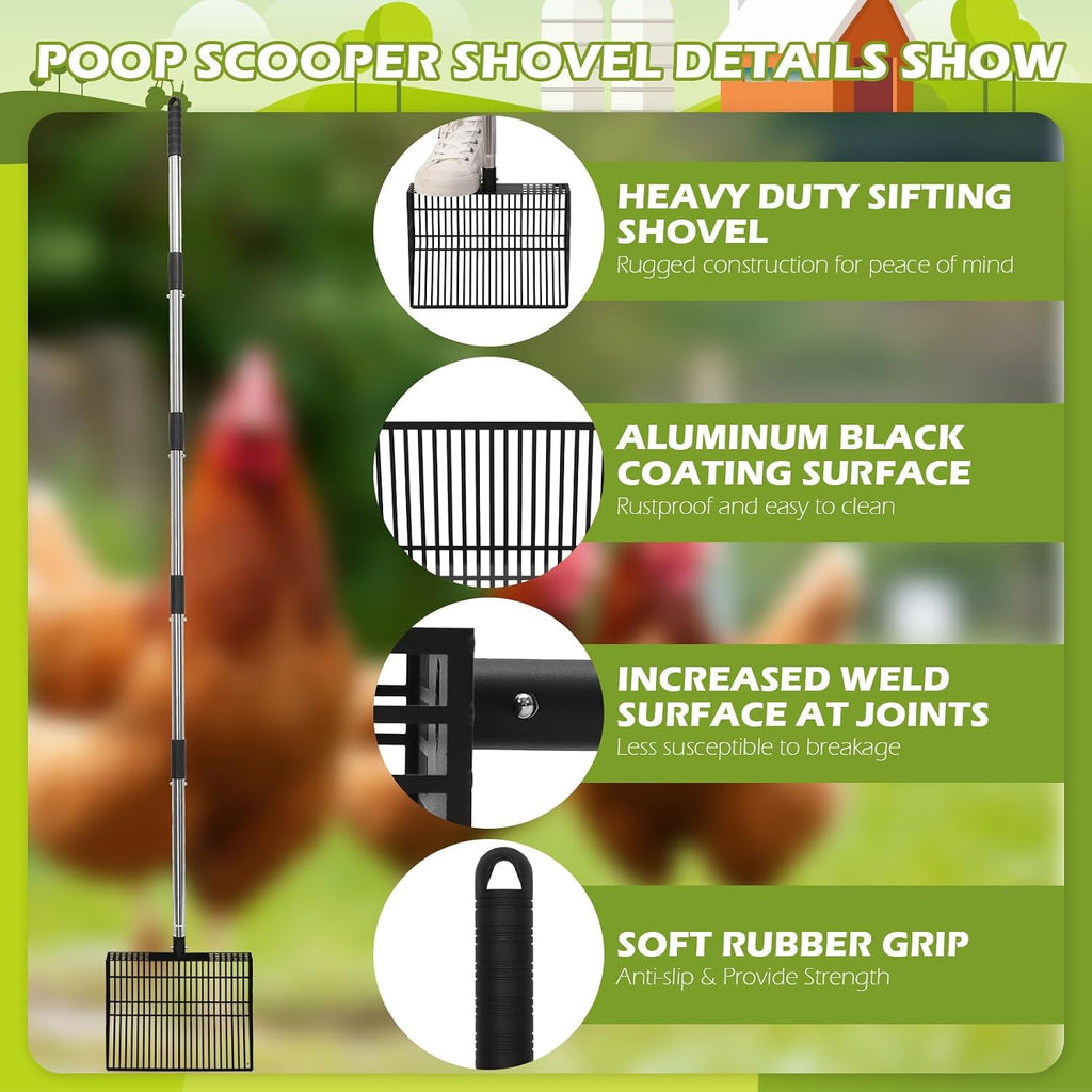 EXPAWLORER Large Chicken Poop Scooper, Adjustable Pet Coop Rake with Stainless Steel Long Handle, Heavy Duty Litter Sifting Sand Sifter Shovel Cleaning Tool Cat Chicken Coop Accessories (22"-68")