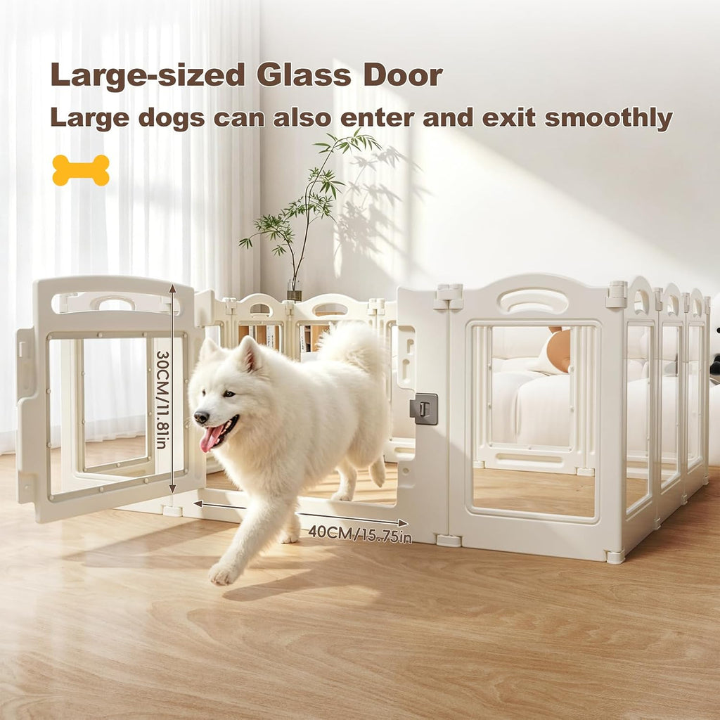 Foldable Clear Acrylic Dog Playpen with Door, 23.6" Acrylic Puppy Playpen, Easy Assemble Indoor Pet Fence with White Frame, Clear Dog Playpen for Puppies & Animal (White, 23.6‘H, 16 Panels + 1 Door)