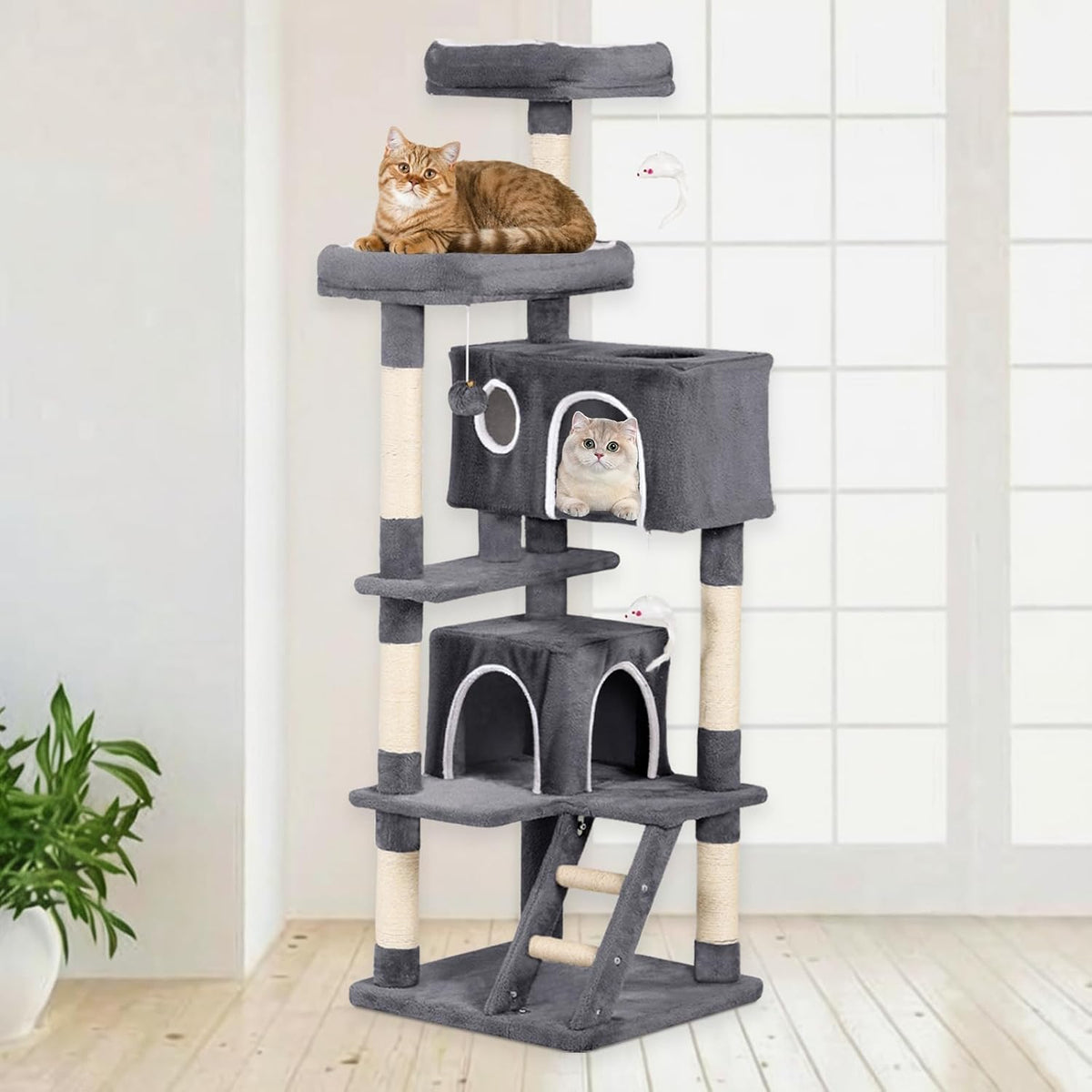 Cat Tree with 2 Cozy Condos & 6 Sisal Scratching Posts, 60-inch Multi-Level Cat Tower for Indoor Cats, Extra Sturdy Cat Activity Center (Dark Gray)