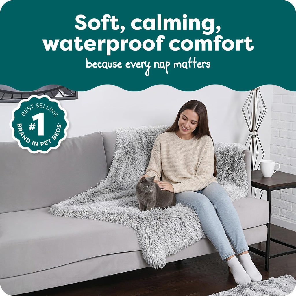 Furhaven Waterproof Throw Blanket for Dogs & Indoor Cats, Washable - Shaggy Plush Calming Long Faux Fur & Velvet Dog Blanket - Mist Gray, Large