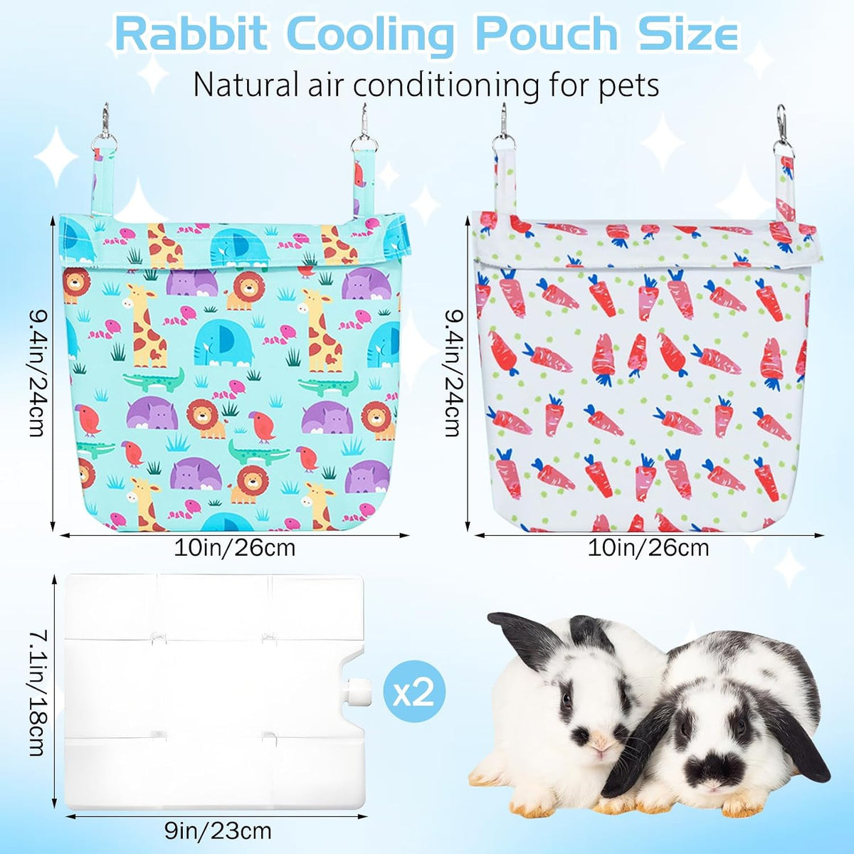 Hamiledyi Rabbit Cooling Pouch with Ice Pack - No Condensation Pad for Bunny Cage Accessories, Washable Cooling Mat for Small Animals,Ferret, Guinea Pig, Chinchilla(Carrot and Animal Pattern, 2kits)
