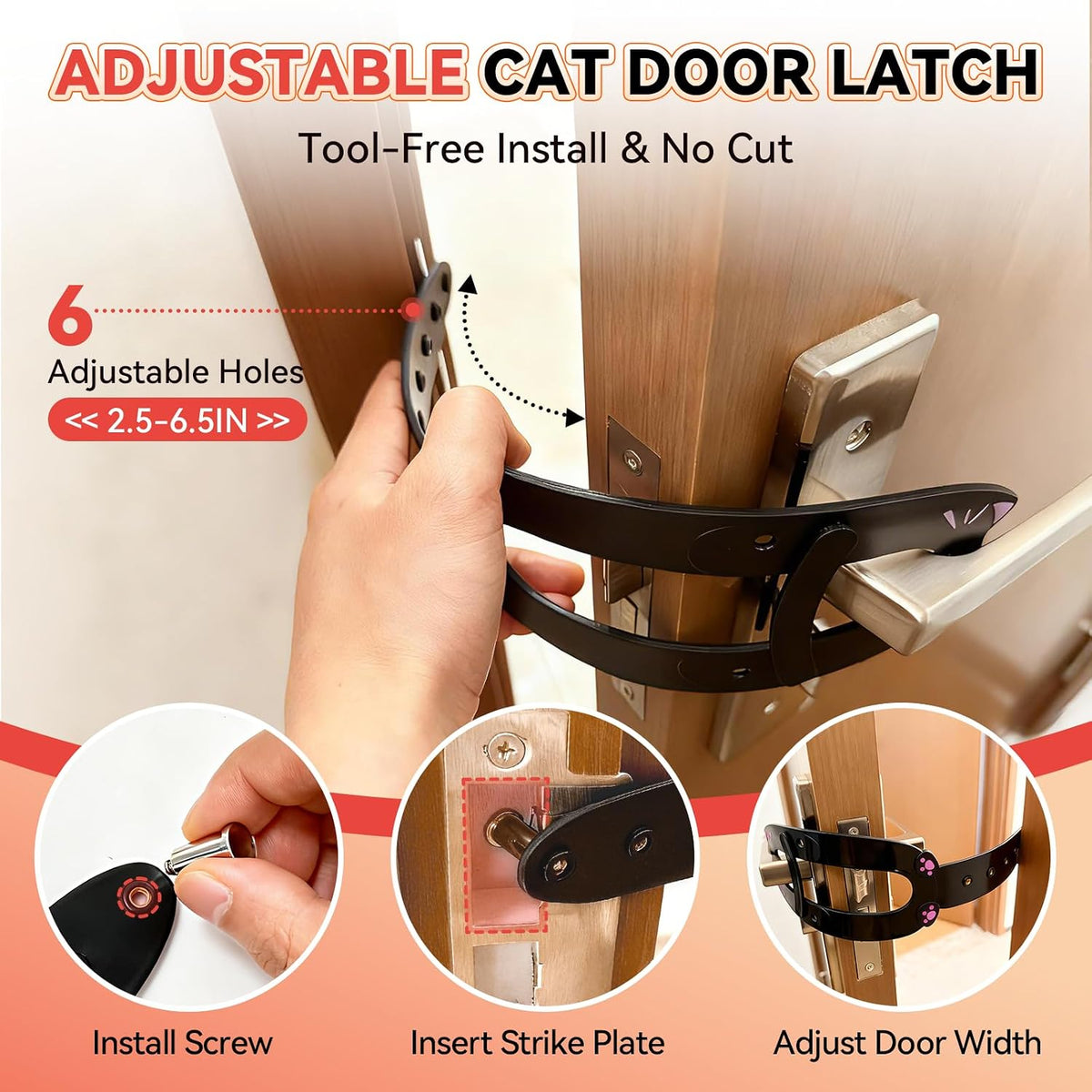 TGIOW Cat Door Latch with Stabilizer, Keep Door Open 2.5-6.5", 4Pcs, Black