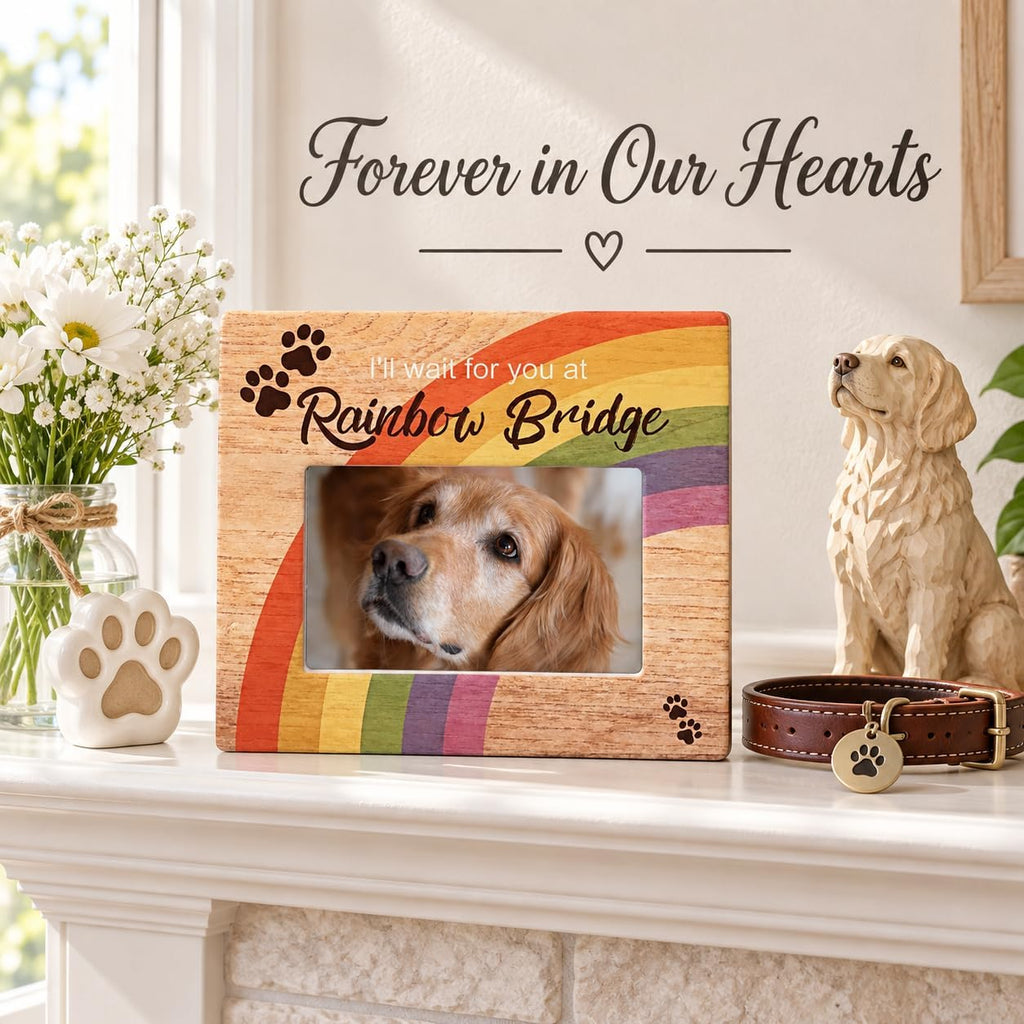 Rainbow Bridge Pet Memorial Picture Frame, Loss of Dog or Cat Sympathy Gift, I’ll Wait for You at Rainbow Bridge Personalized Pet Photo Option, 4 x 6 Picture Frame for Pet Bereavement Condolence Gift