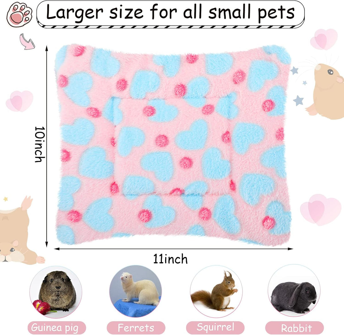 Jetec 4 Pcs Guinea Pig Bed Pads Heart Pattern, 10 x 11 Inch Plush Mat