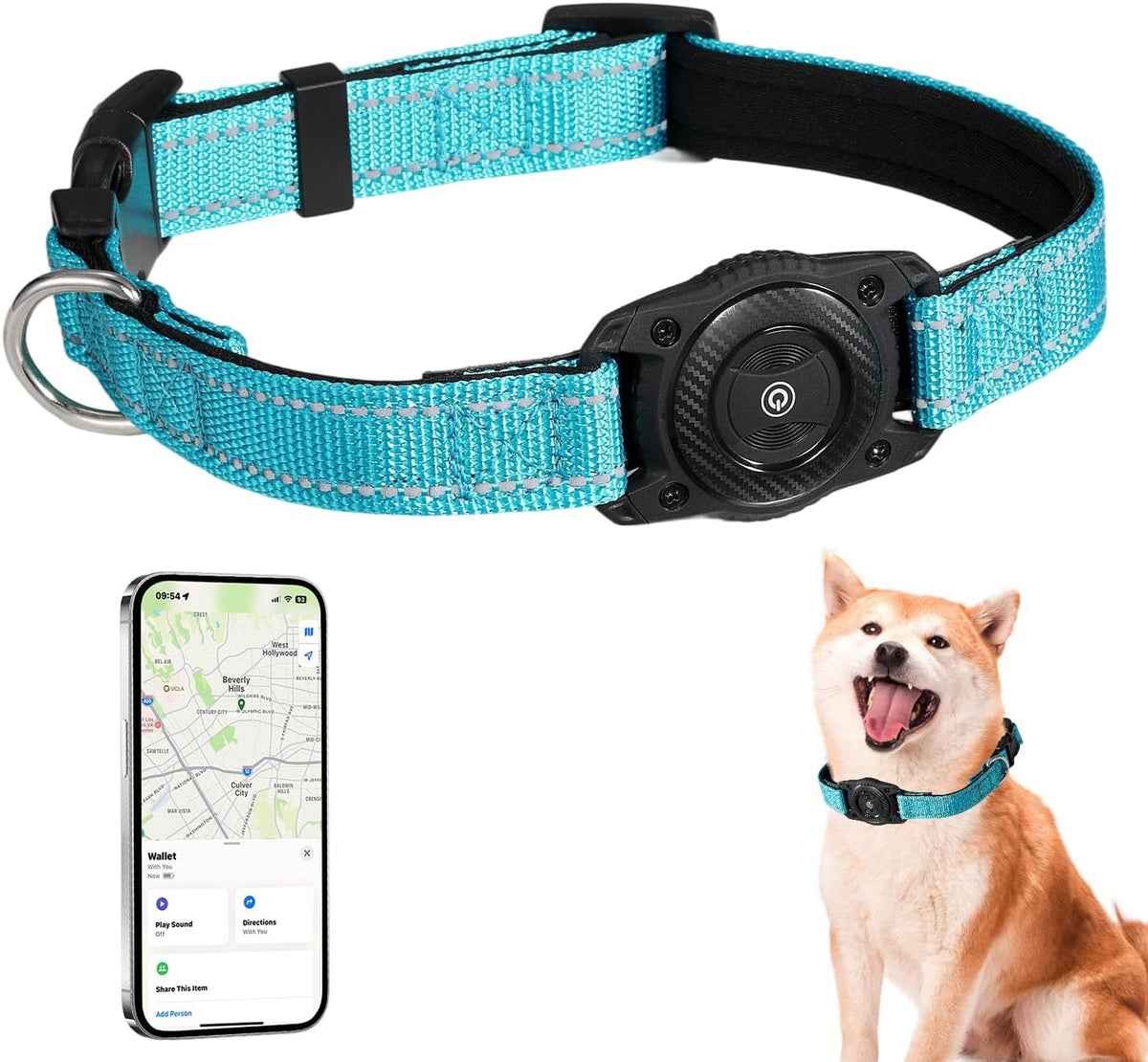 Waterproof Air tag Dog Collar - Reflective, Built-in Tracker with Bluetooth Connectivity（Included Tracker） Soft-Padded Adjustable Buckle (Black, M)
