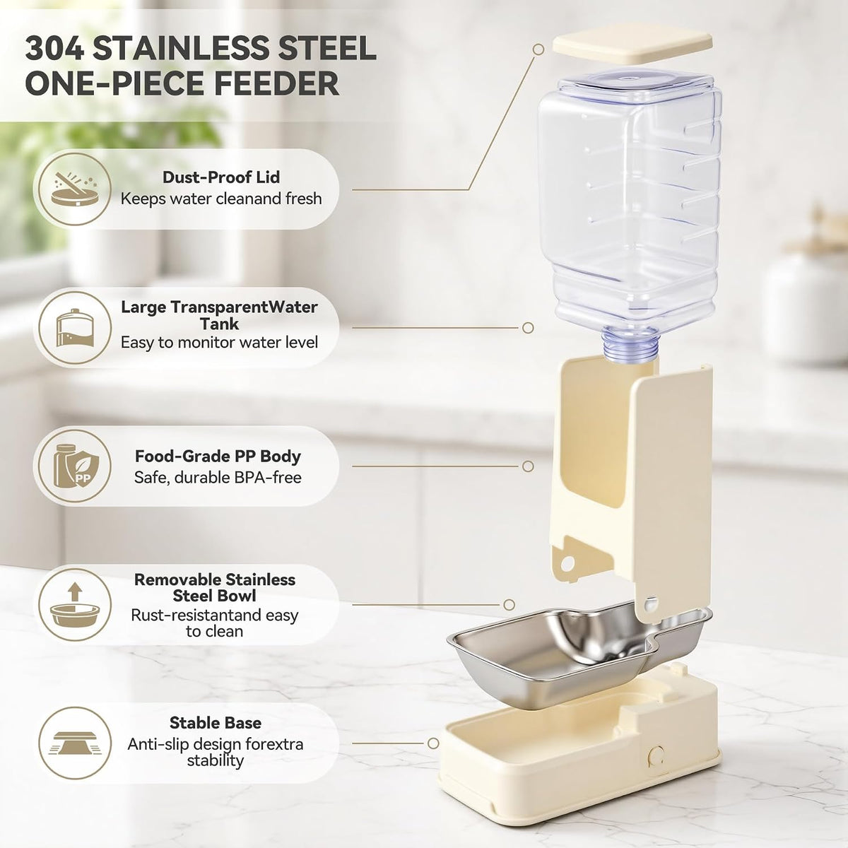 2 Pack Automatic Cat Feeder Stainless Steel Gravity Food and Water Dispenser for Small Medium Kitten Puppy Pets (Cream)
