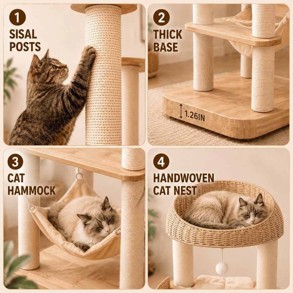 62in Wood Cat Tree for Large Cats, Heavy Duty Tall Cat Tower