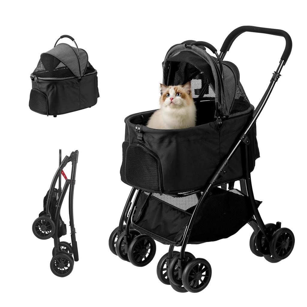 Dog and Cat Stroller with Detachable Carrier, 4-Wheel, Car Seat (Grey)
