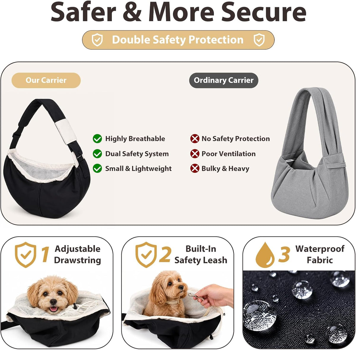 Dog Sling Carrier for Small Dogs and Cats Up to 15 lbs, Hands Free Pet Carrier with Adjustable Strap, Breathable Mesh Lining, Storage Pockets, Puppy Carrier Bag for Travel, Walking & Shopping (Black)