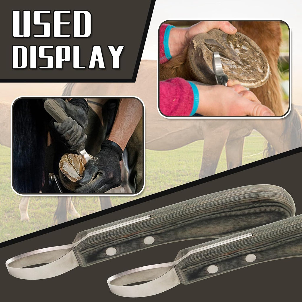 Hoof Knife Double Edged Hoof Trimming Knife with Wooden Handle，Stainless Steel Loop Blade Multipurpose Hoof Trimming Knife for Livestock,for Cutting Horses Donkeys Cows Hooves (Black Stripe)