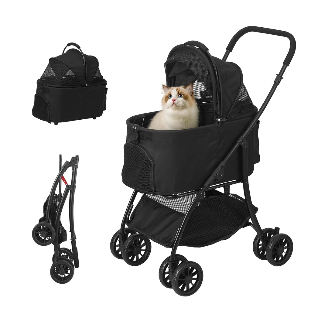 Dog and Cat Stroller with Detachable Carrier, 4-Wheel, Car Seat (Black)