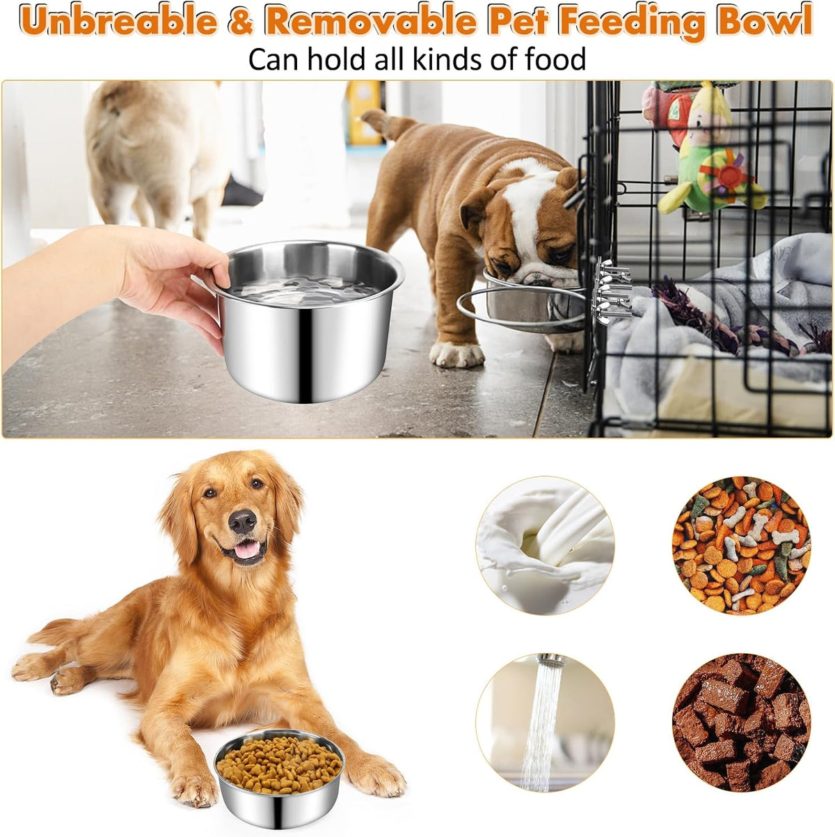 Dog Crate Water Bowl No Spill 40oz & 60oz, 2 Pack Stainless Steel Large Dog Water Bowls for Cage, Crate, Kennel - Hanging Detachable Pet Water/Food Bowl for Indoor & Outdoor