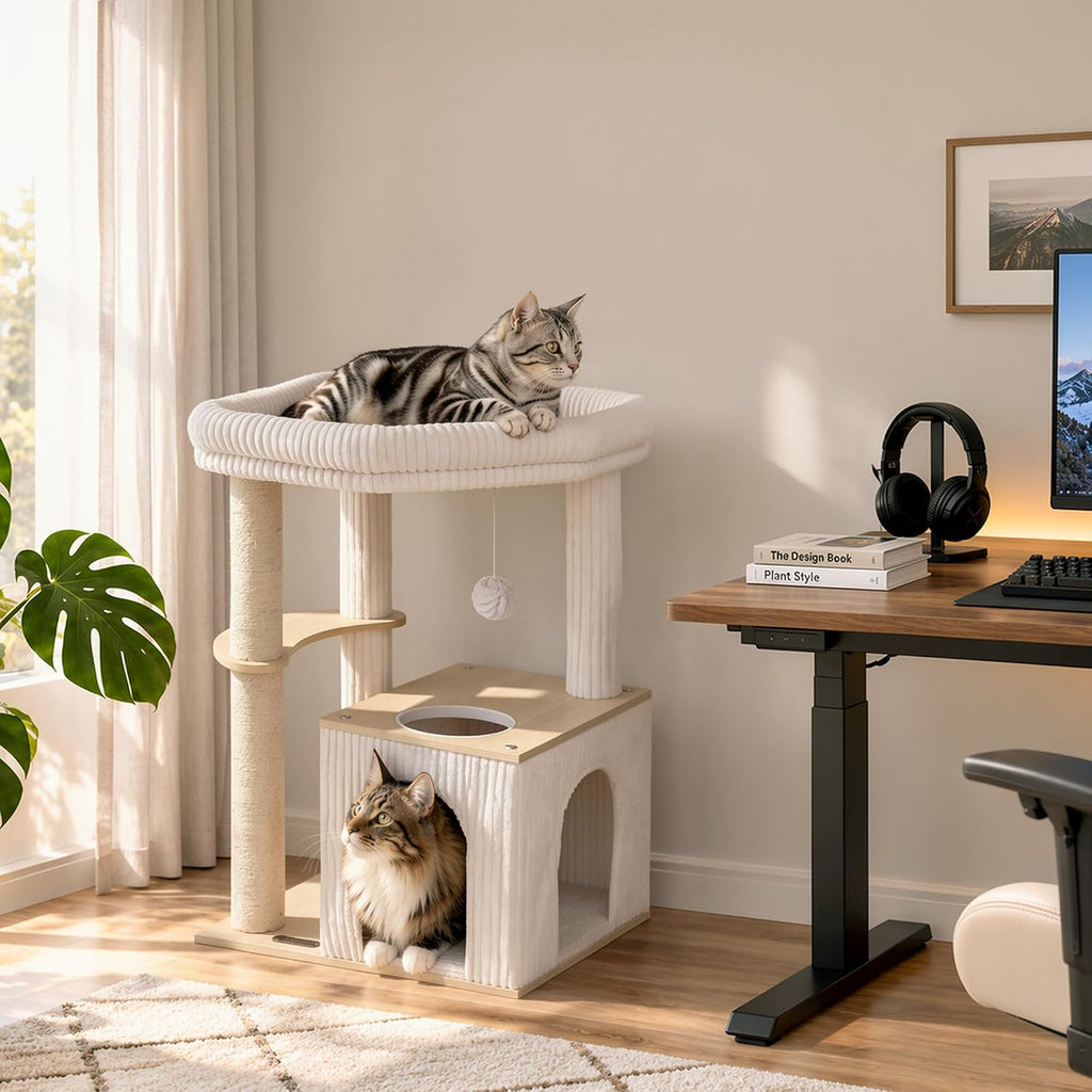 Wood Cat Tree for Large Cats, Modern Cat Tower with Condo, Removable Washable Perch Bed for Indoor and Senior Cats, Beige