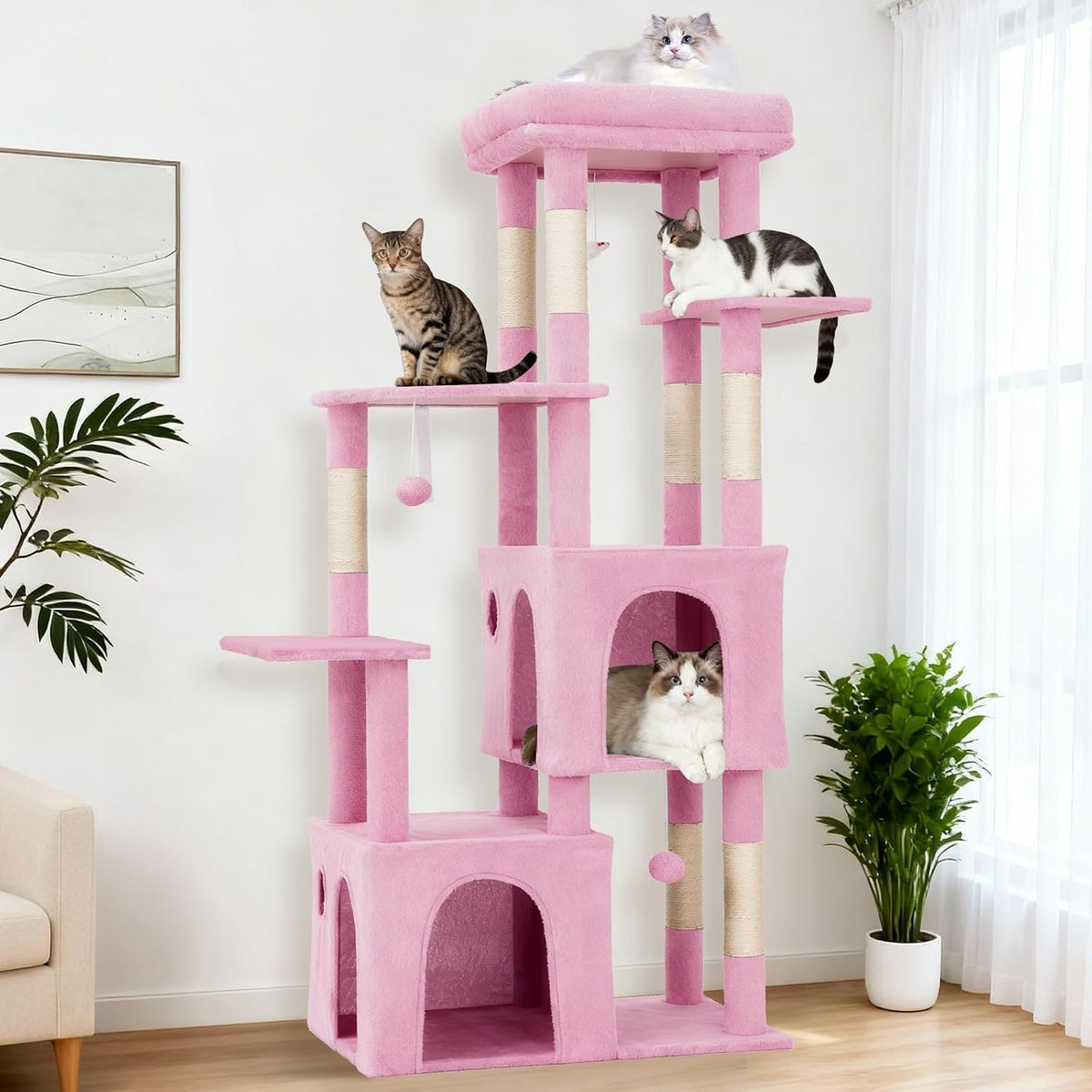 61" Heavy-Duty Multi-Level Cat Tree Tower for Large Cats – Jumbo Perch, Dual Spacious Condos, Robust Sisal Scratching Posts, Play Toys, Stable Modern Cat Activity Center for Maine Coons