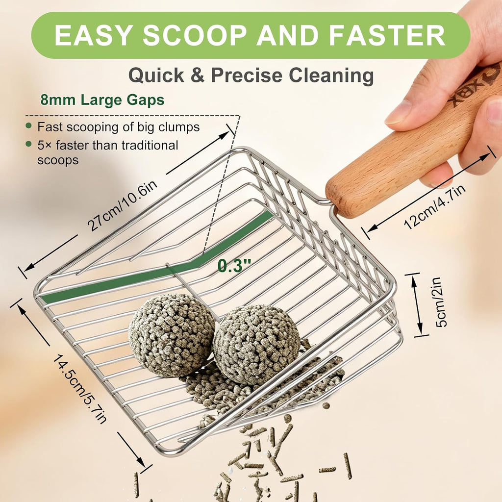 XBX Cat Litter Scoop with Holder, Sturdy Stainless Steel Litter Scooper, Wide Gap Litter Shovel with Beech Wood Handle for Easy Daily Litter Box Cleaning