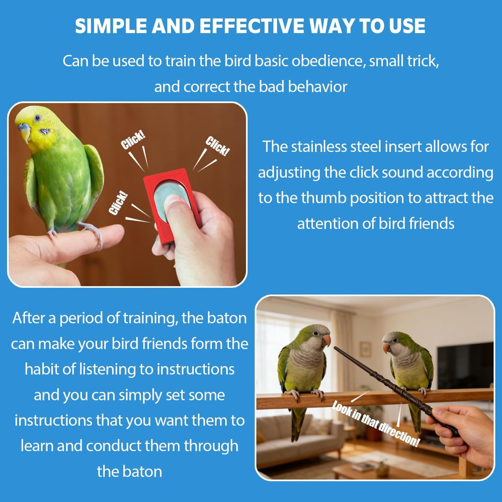 Parrot Training Clicker with Target Stick, Getting Started Bird Clicker Training Kit, All Bird Breeds Training Stick Foster Discipline and Behavior Training, for Parrots Birds Lovers
