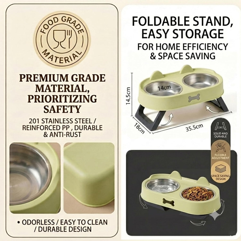 Elevated Cat Bowls with Foldable Stand, Anti Vomiting Raised Cat Food and Water Bowl Set, 2 Stainless Steel Dishes for Cats and Puppies, Splash Proof Non-Slip Neck Protection Pet Feeder (Green)