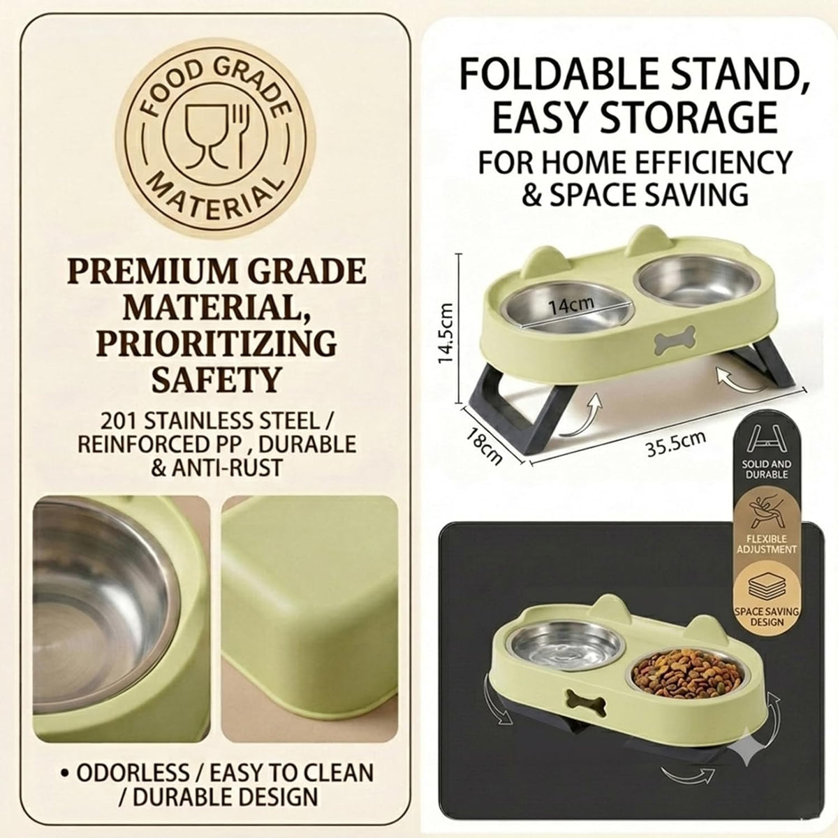 Elevated Cat Bowls with Foldable Stand, Anti Vomiting Raised Cat Food and Water Bowl Set, 2 Stainless Steel Dishes for Cats and Puppies, Splash Proof Non-Slip Neck Protection Pet Feeder (Green)