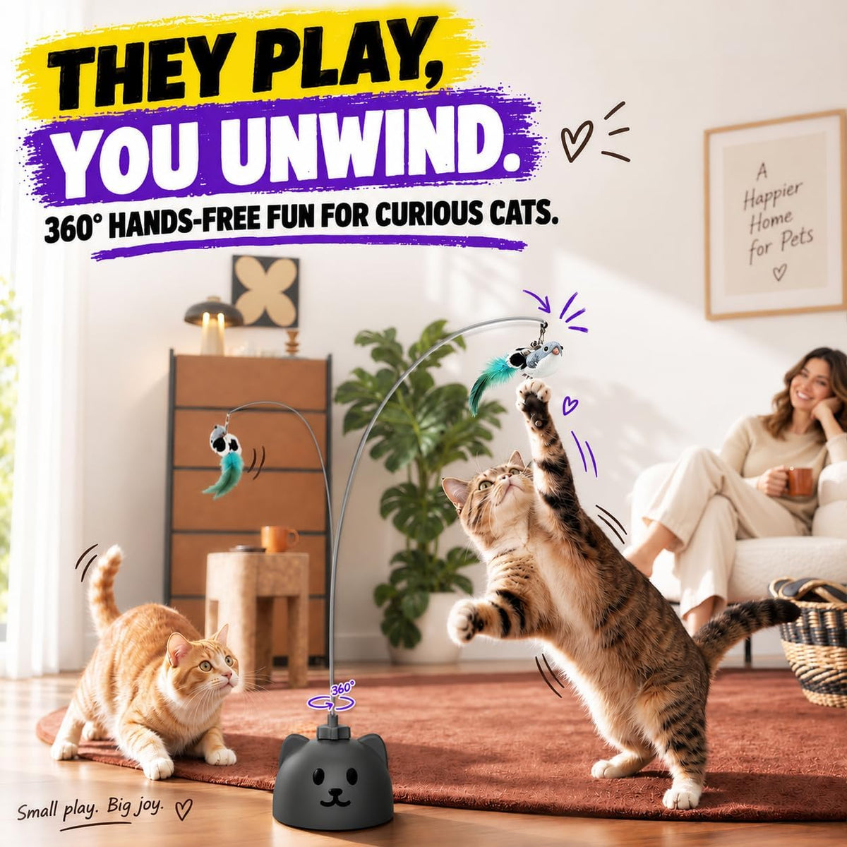 Interactive Cat Toys for Indoor Cats, 360° Automatic Spin Flying Bird Wand