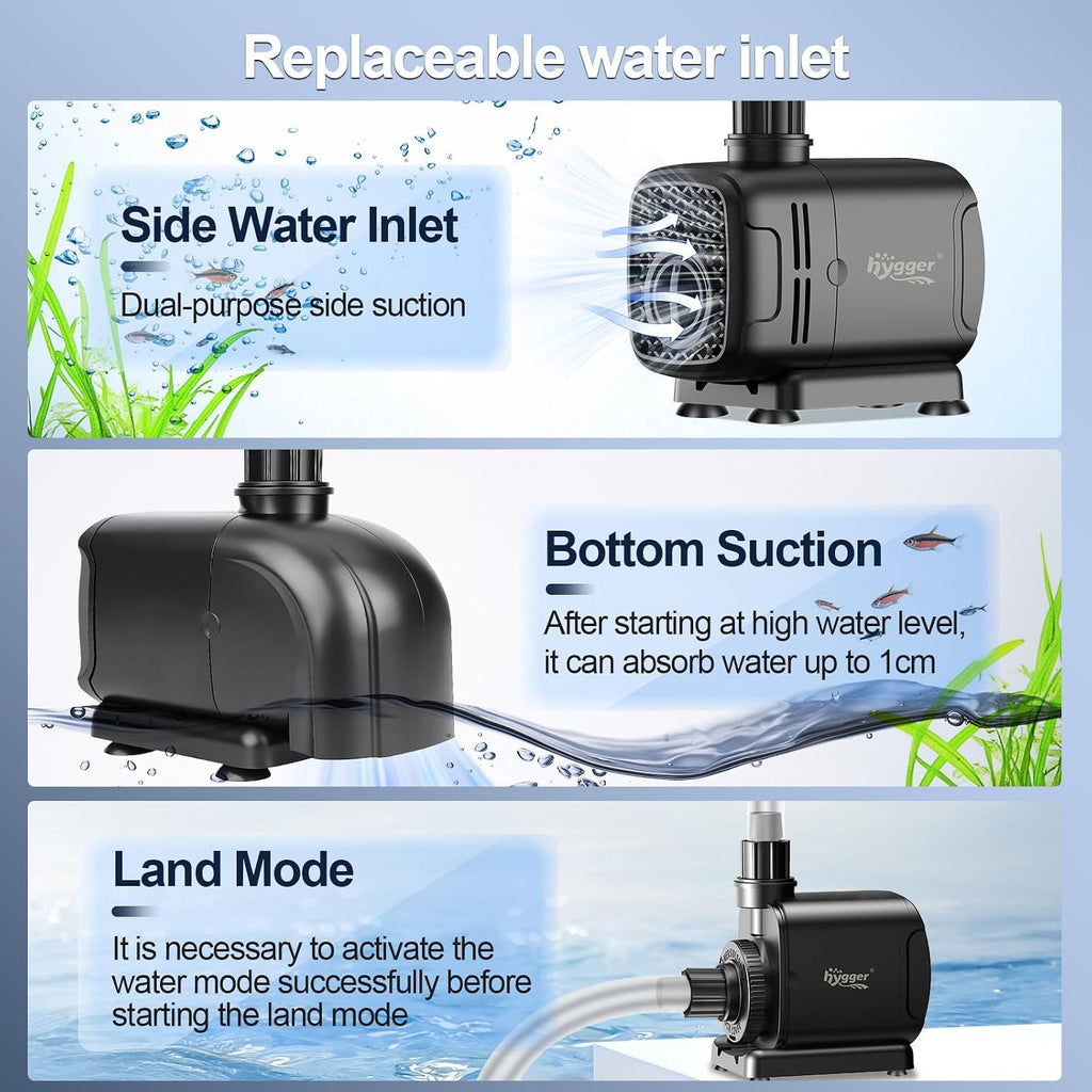 hygger 2-in-1 400GPH Submersible Pump 25W,Side and Bottom Suction Fountain Water Pump with 6.6ft High Lift,Quick Water Change with 4 Interchangeable Nozzles for Aquarium, Fish Tank, Hydroponics,Pond