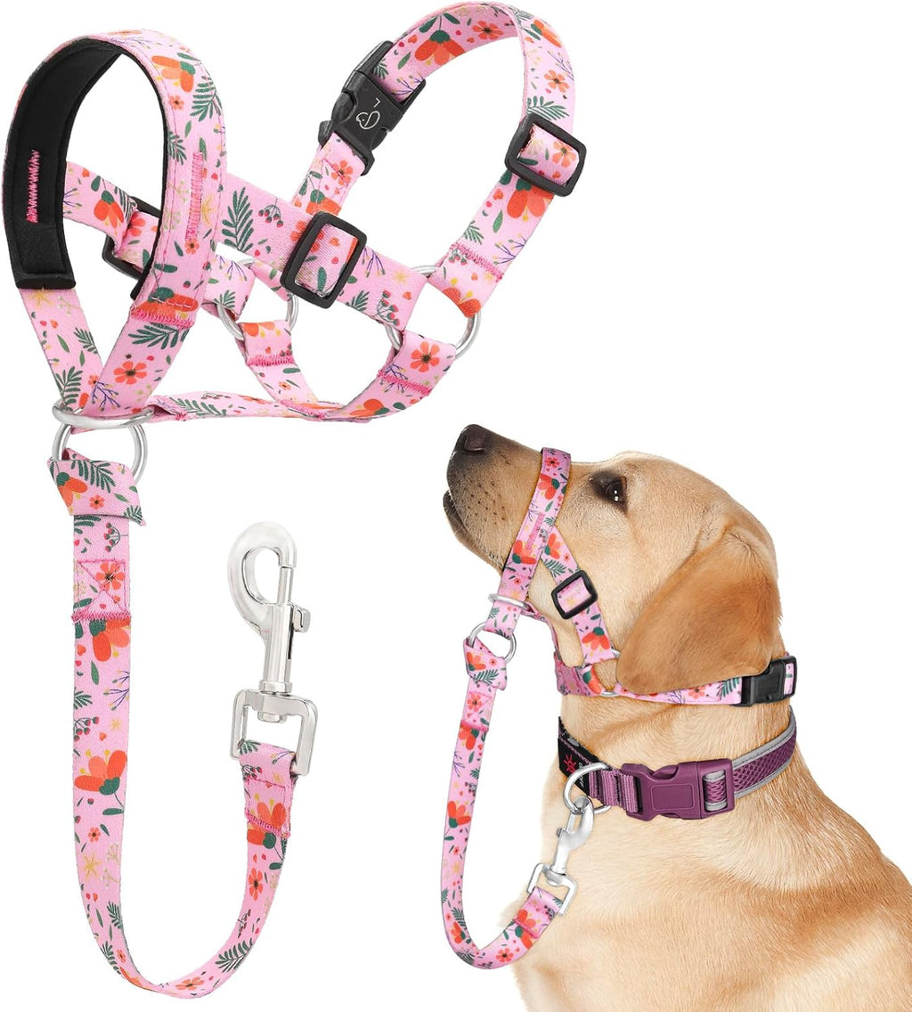 Dog Head Collar, Printed No-Pull Headcollar, Adjustable Dog Head Halter Gentle Lead with Safety Link, 3 Colors Muzzle Leash for Small Medium Large X-Large Dogs Easy Walks(XLarge, Peony)