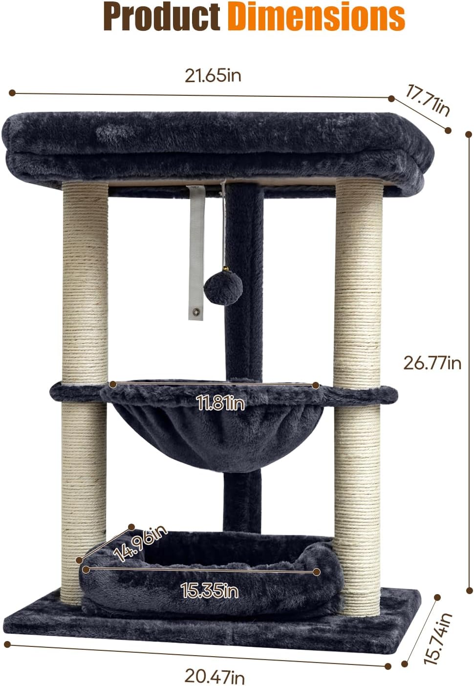 SYANDLVY 3 Level Cat Tree for Large Cats with Top Perch, Hammock/Bottom Bed