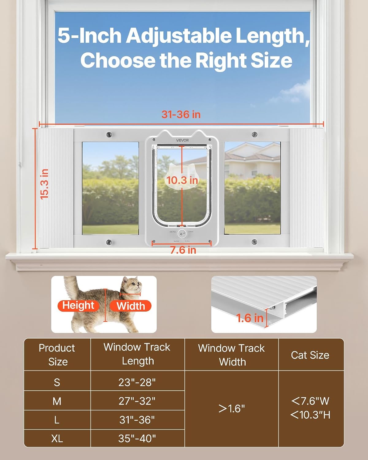 VEVOR Cat Door for Window, Adjustable to Fit Window Width 31"-36", 4 Secure Lock Modes, Aluminum Frame and High-Transparency Glass, Magnetic Closure, Weatherproof Quick-Fit Pet Door for Cats, White