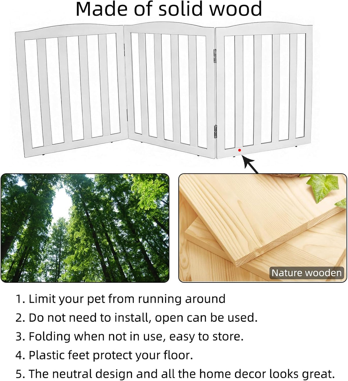 Freestanding Dog Gate Indoor,Doggie Gate Foldable Pet Gates for Doorways,Stairs or Hallways, Wooden White Pet Gate for the House, Pet Fence with Support Feet Included,24 "Height-3 Panels